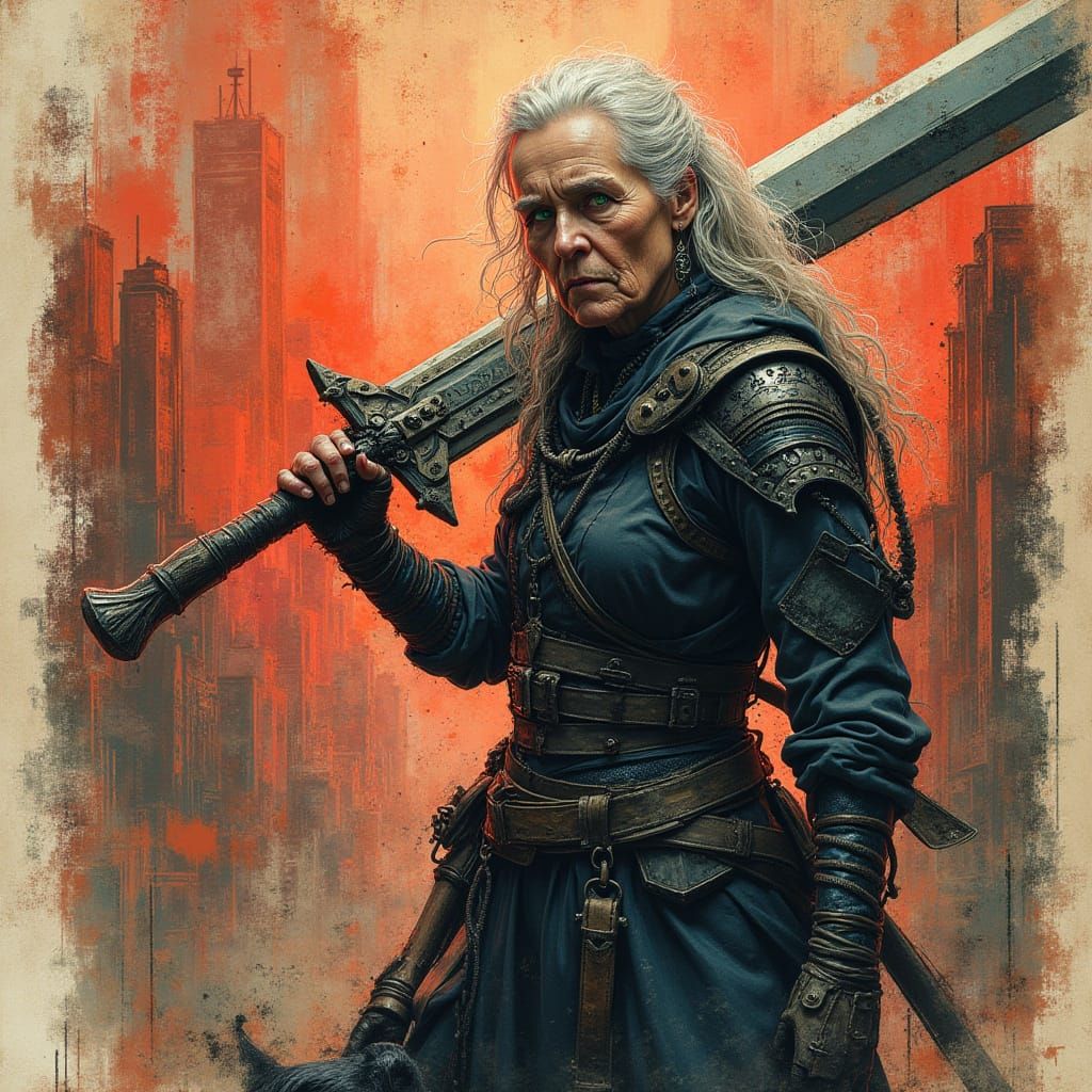 An elderly woman with a stern expression wields a massive, o...