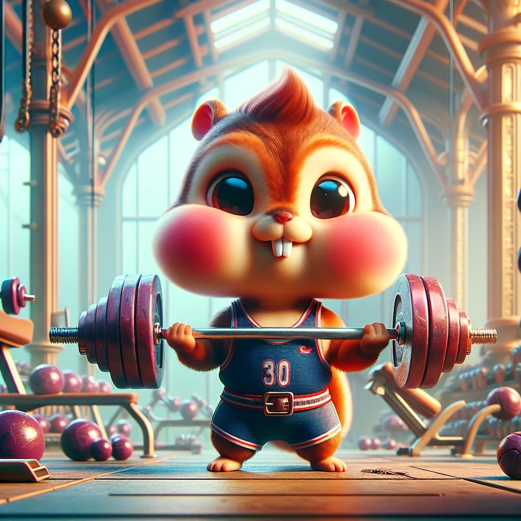 Chubby Squirrel Lifts Weights: Cartoon Style Gym Scene