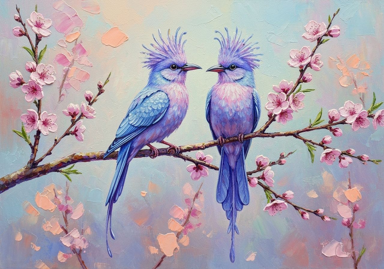 Lilac Birds on Peach Tree Branch as Impasto Painting