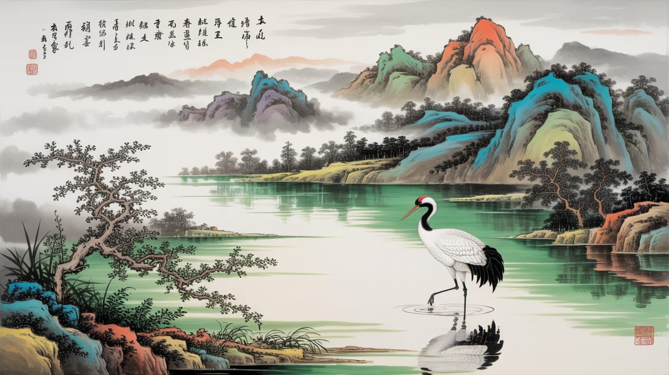Crane in Misty Lake: Classic Chinese Painting
