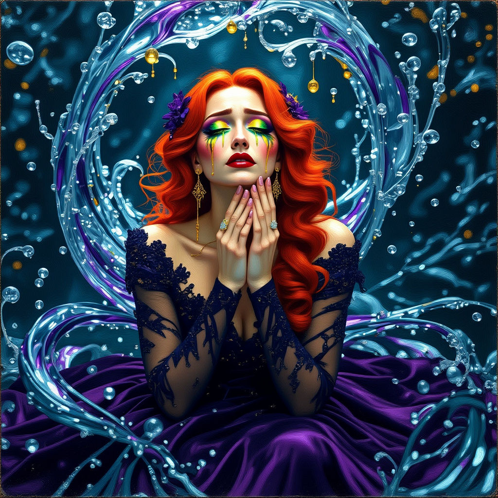 Glass Statue Crying Gold Tears in Dark Fantasy Scene