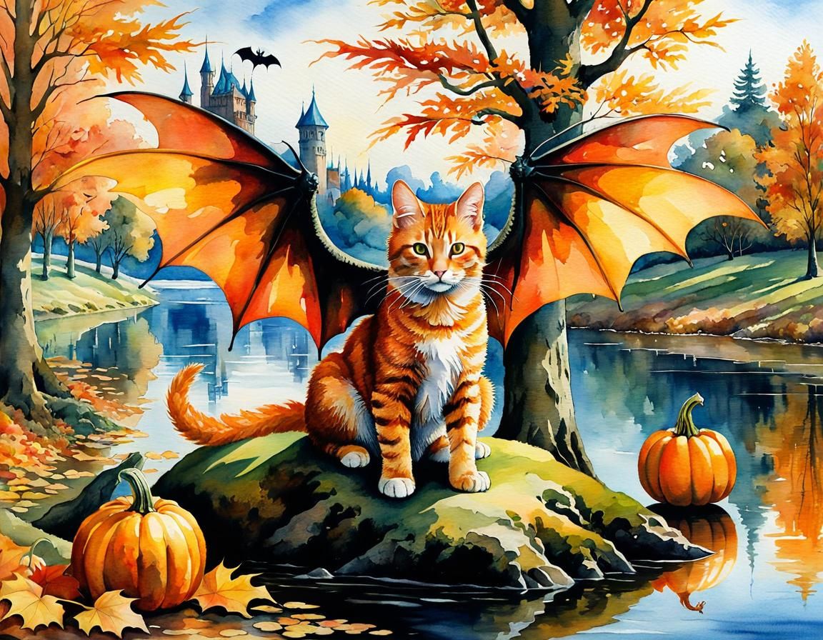 Cyberpunk Dragon-Cat in Autumnal Landscape, Aquarelle Style