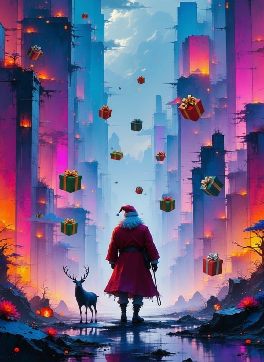 Santa in Surreal City of Floating Presents