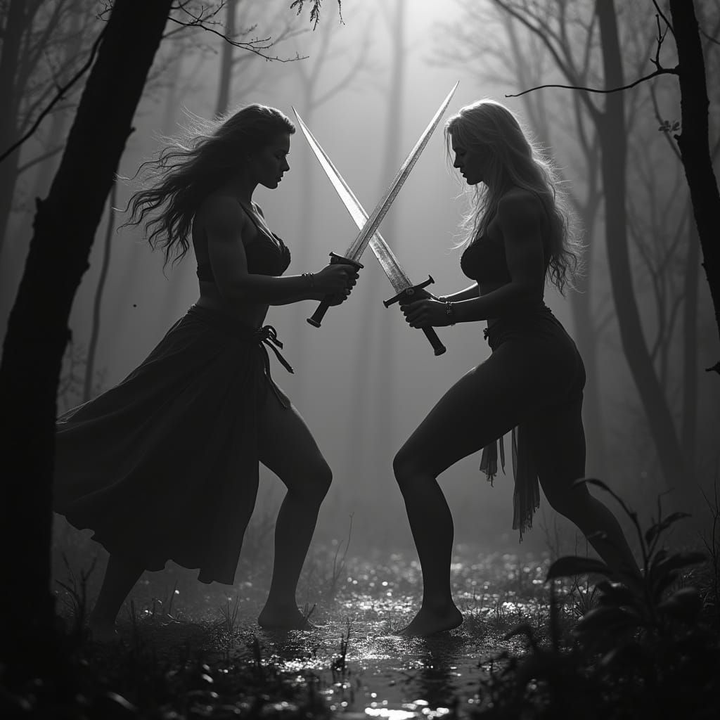 Two Muscular Women Duel with Swords in Misty Swamp