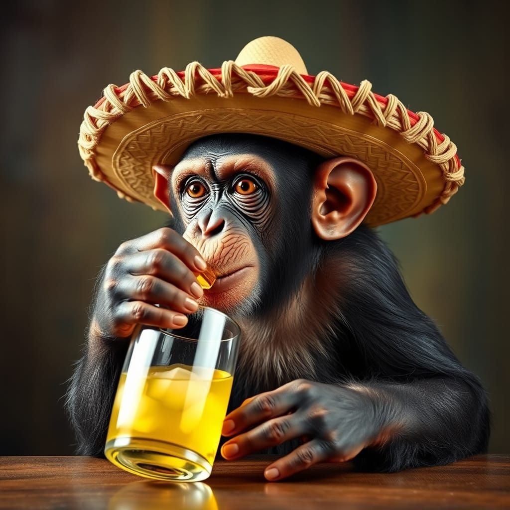 Chimp in Sombrero Enjoys Tequila