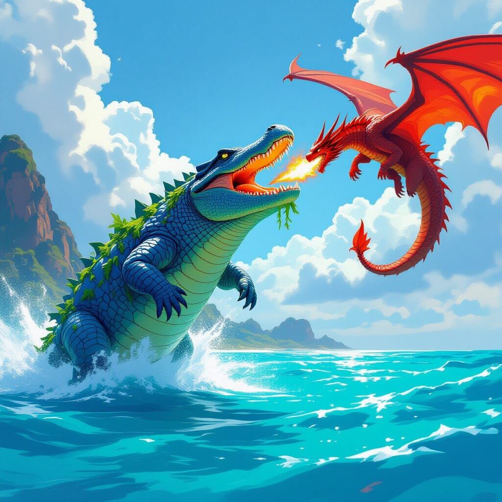 Crocodile vs Dragon: Vibrant Futuristic Fantasy