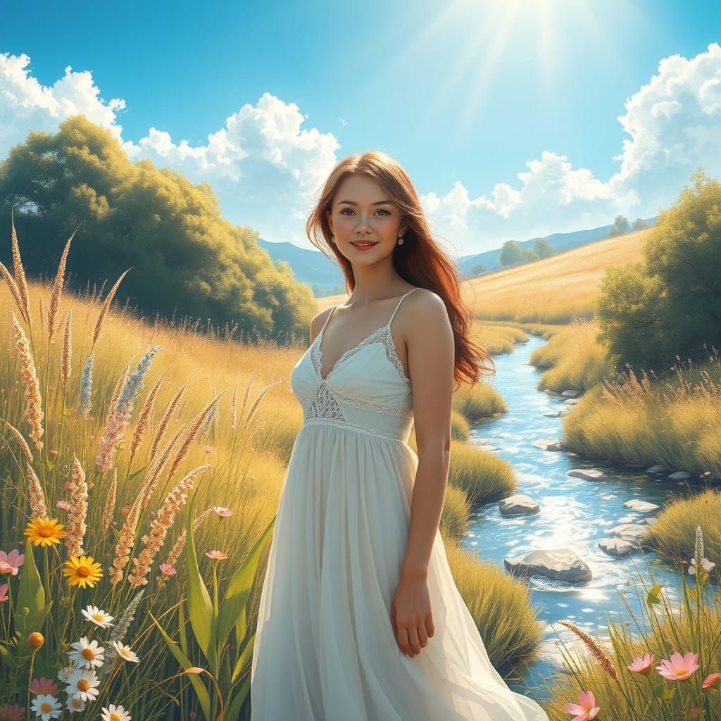 Portrait of a Serene Woman in a Sunlit Meadow