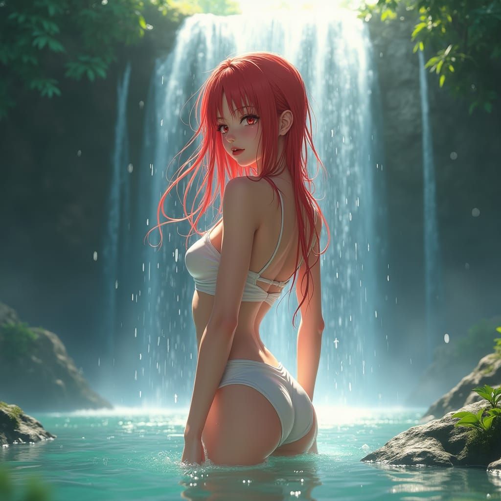 Majestic Waterfall Goddess in Anime-Inspired Style