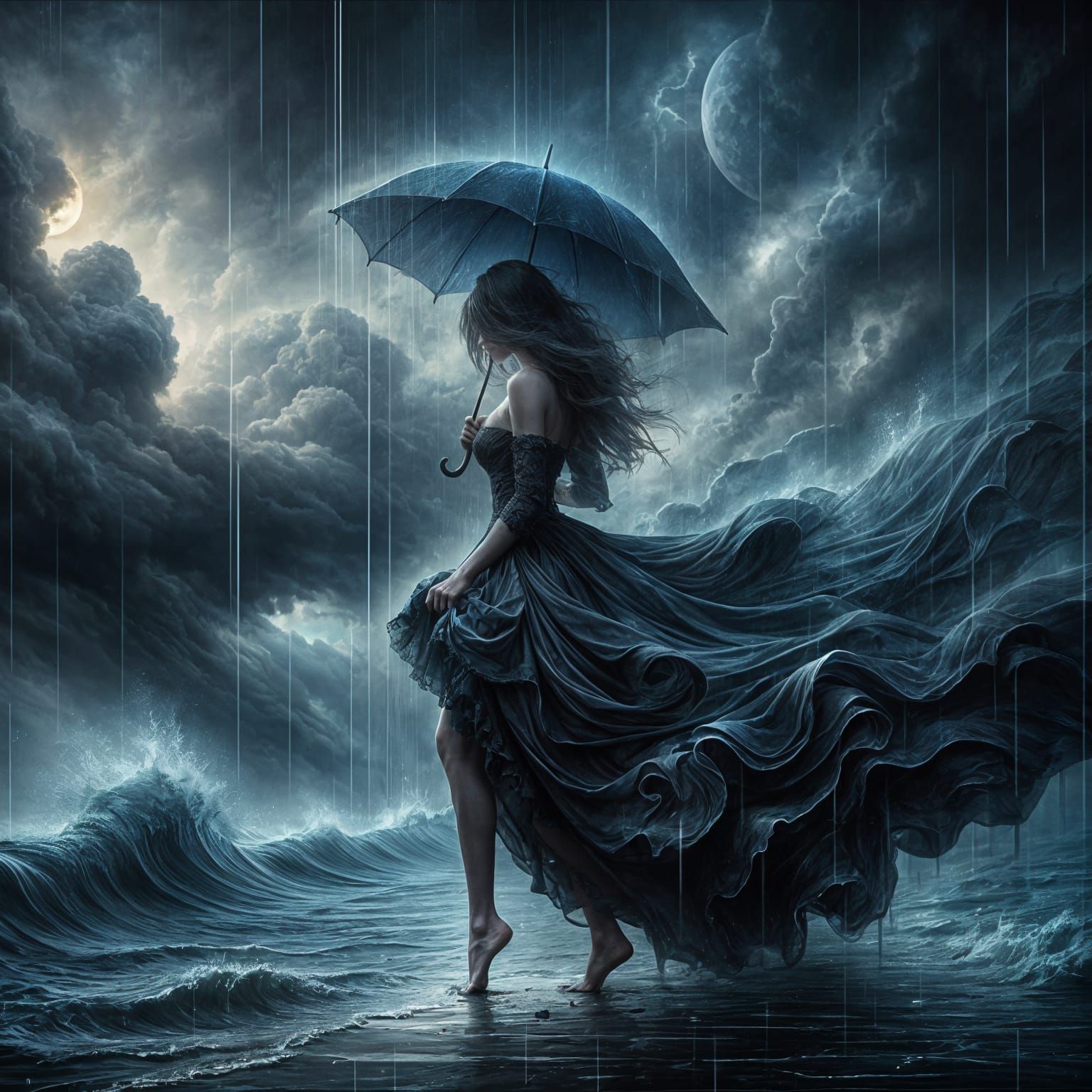 Ethereal Woman in Stormy Clouds with Blue Umbrella