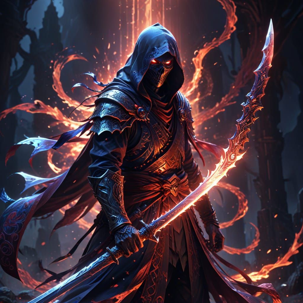 Anime Soul Reaper Wields Glowing Sword with Intricate Patter...