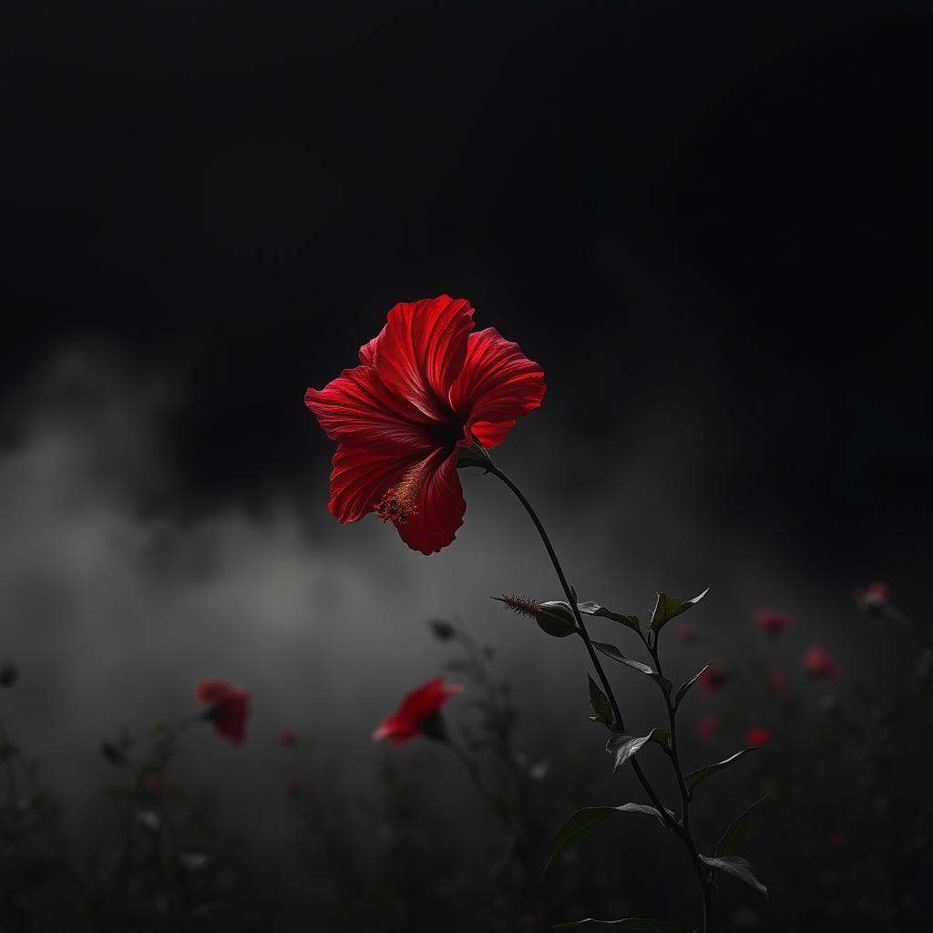 Macro Red Hibiscus Field in Fog: Hyperrealism