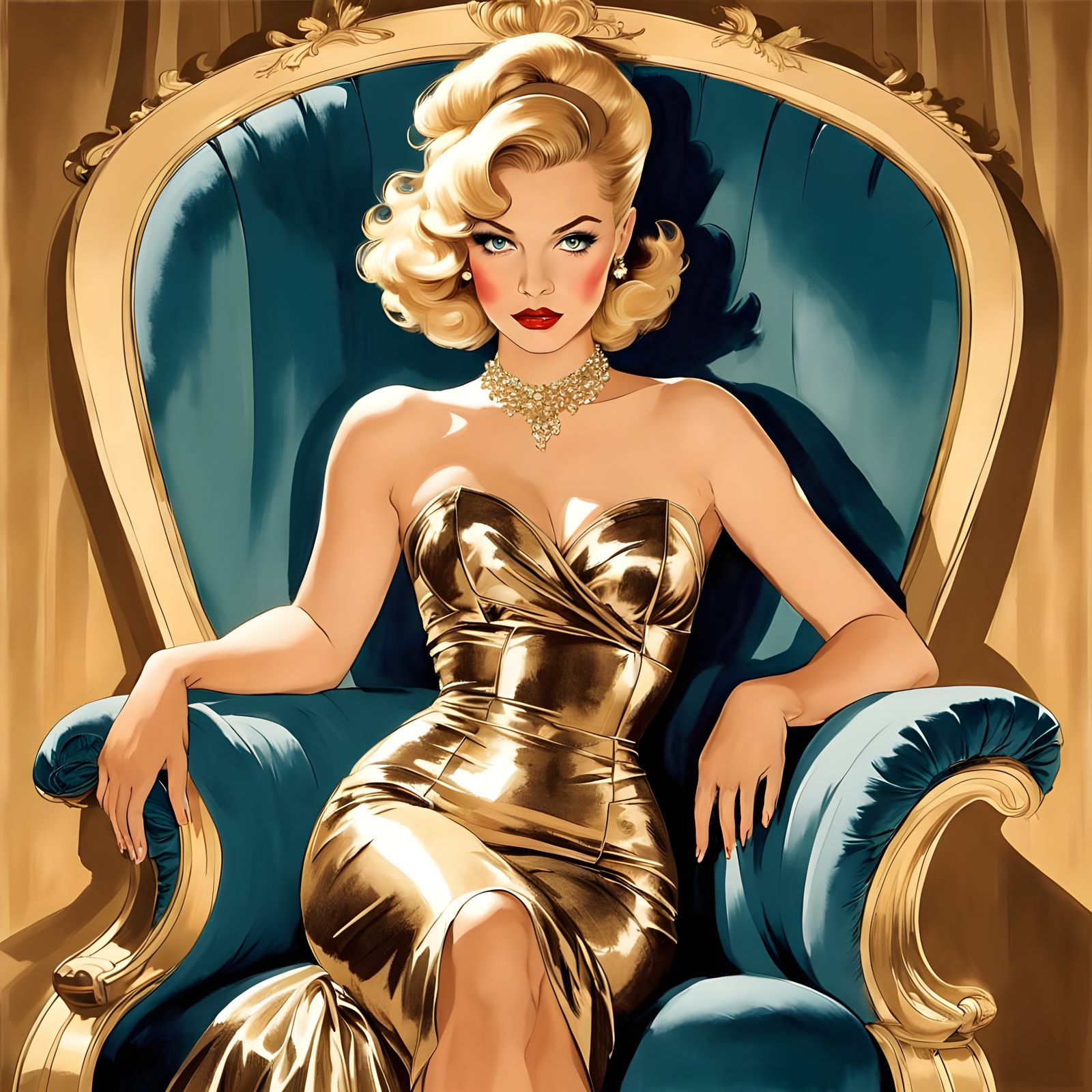 Sultry Blonde Pinup in Luxurious 1960s Living Room