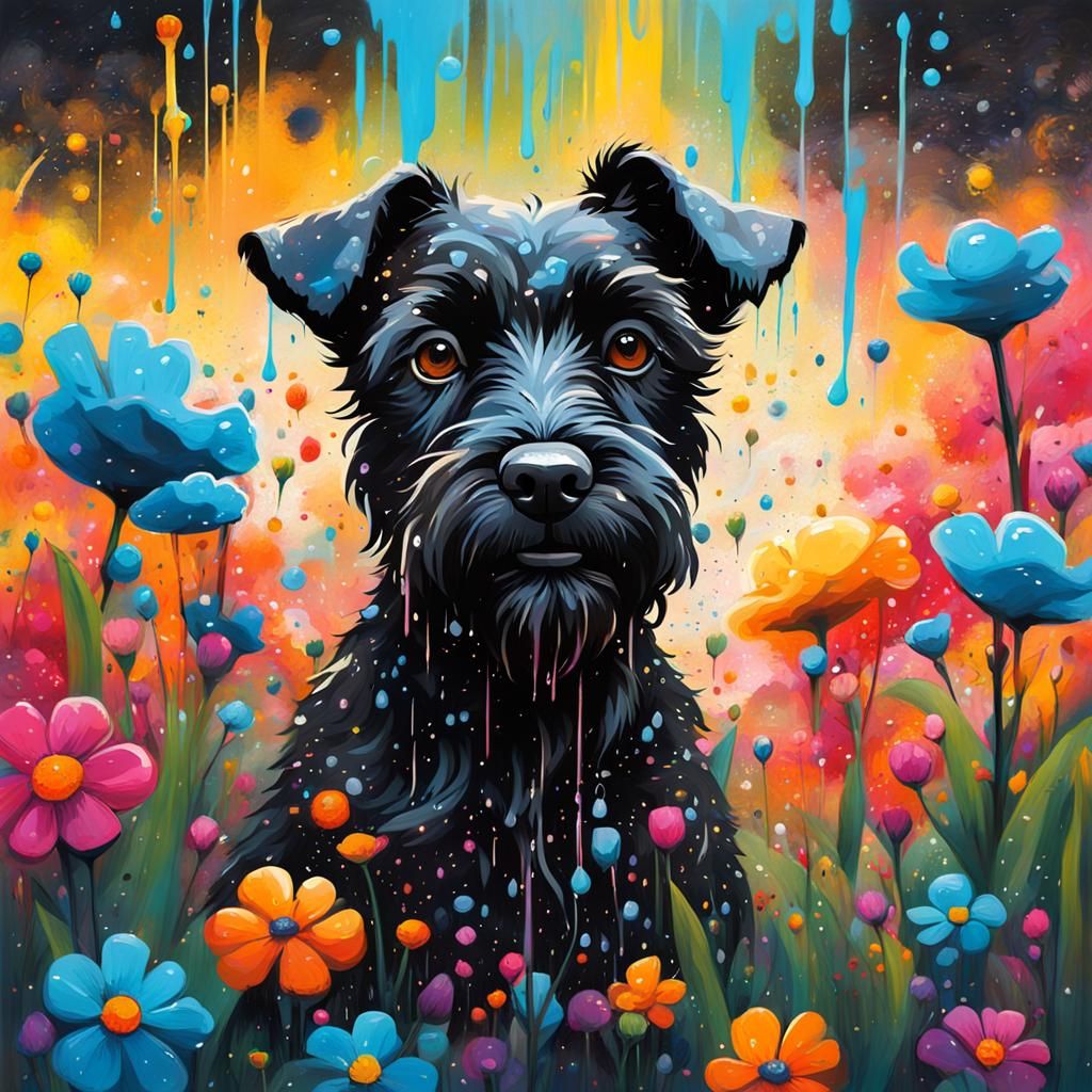 Black Terrier in Floral Field, Graffiti Art