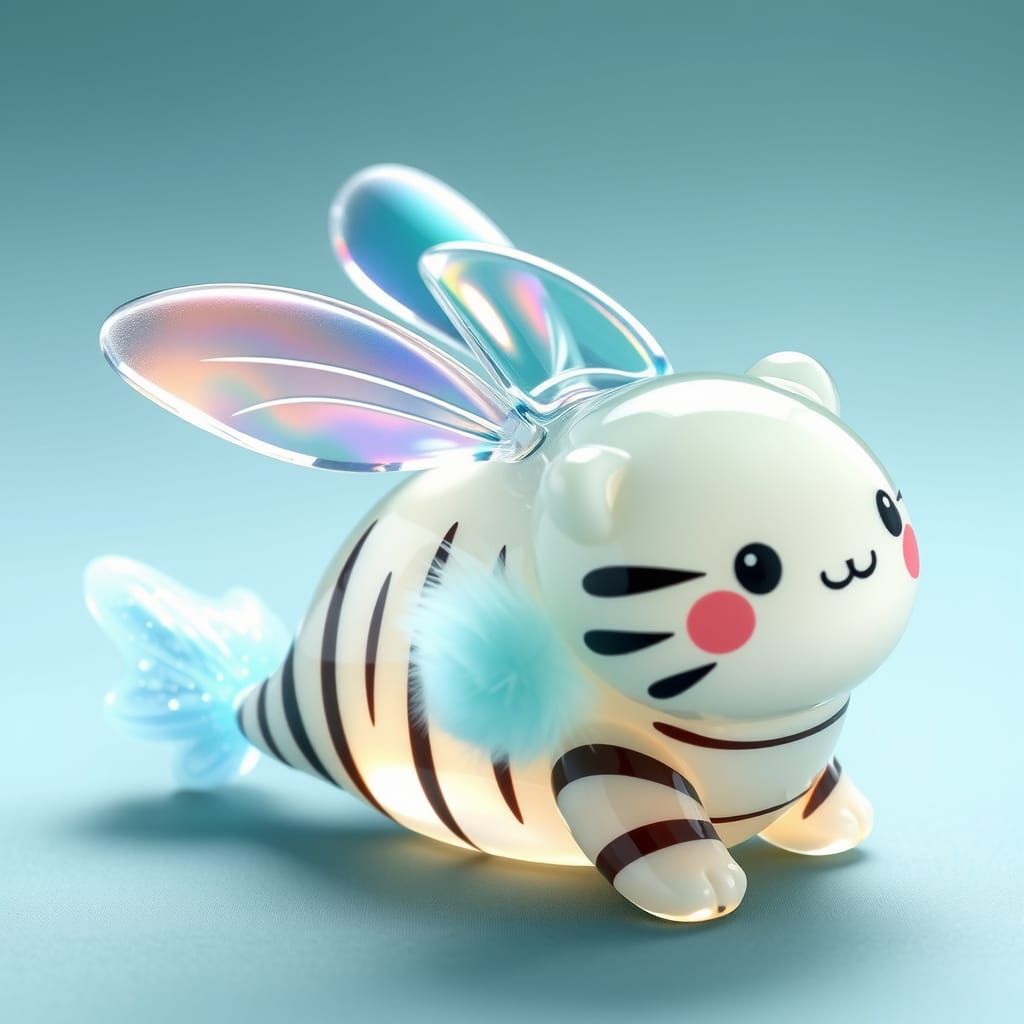 Whimsical Glass Creature with Iridescent Wings and Striped B...