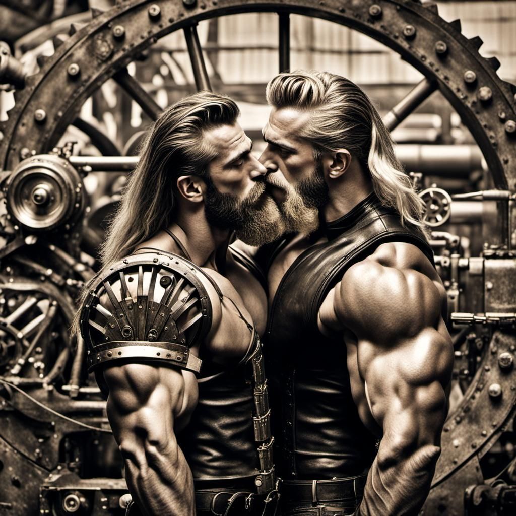 Steampunk Embrace: Two Men Kissing in 1950s Style