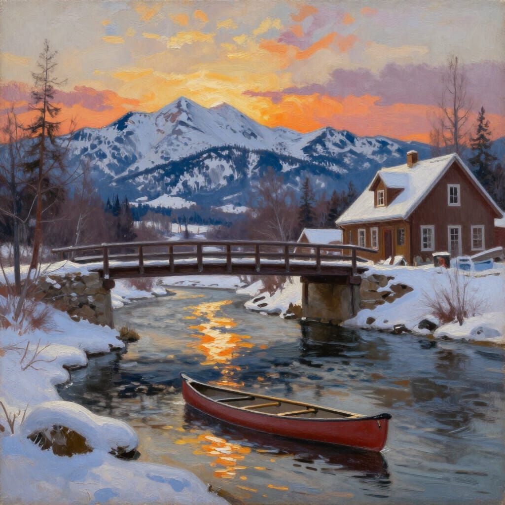 Winter River Landscape with Canoe and Mountains