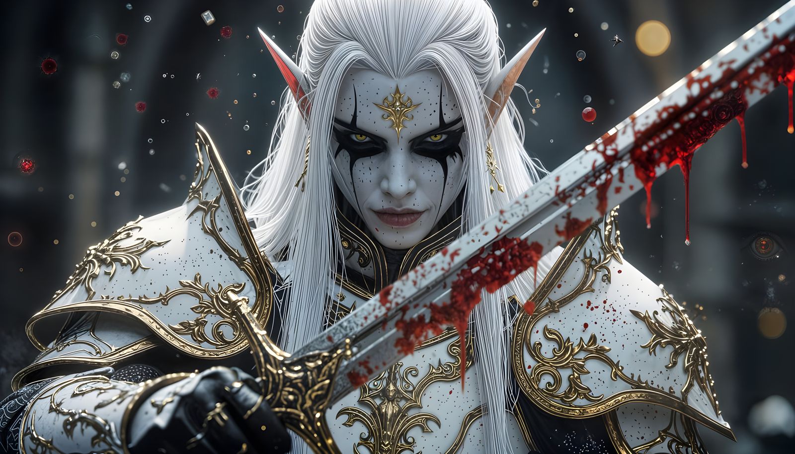 Gothic Battle Elves in White and Gold Armor with Bloody Swor...