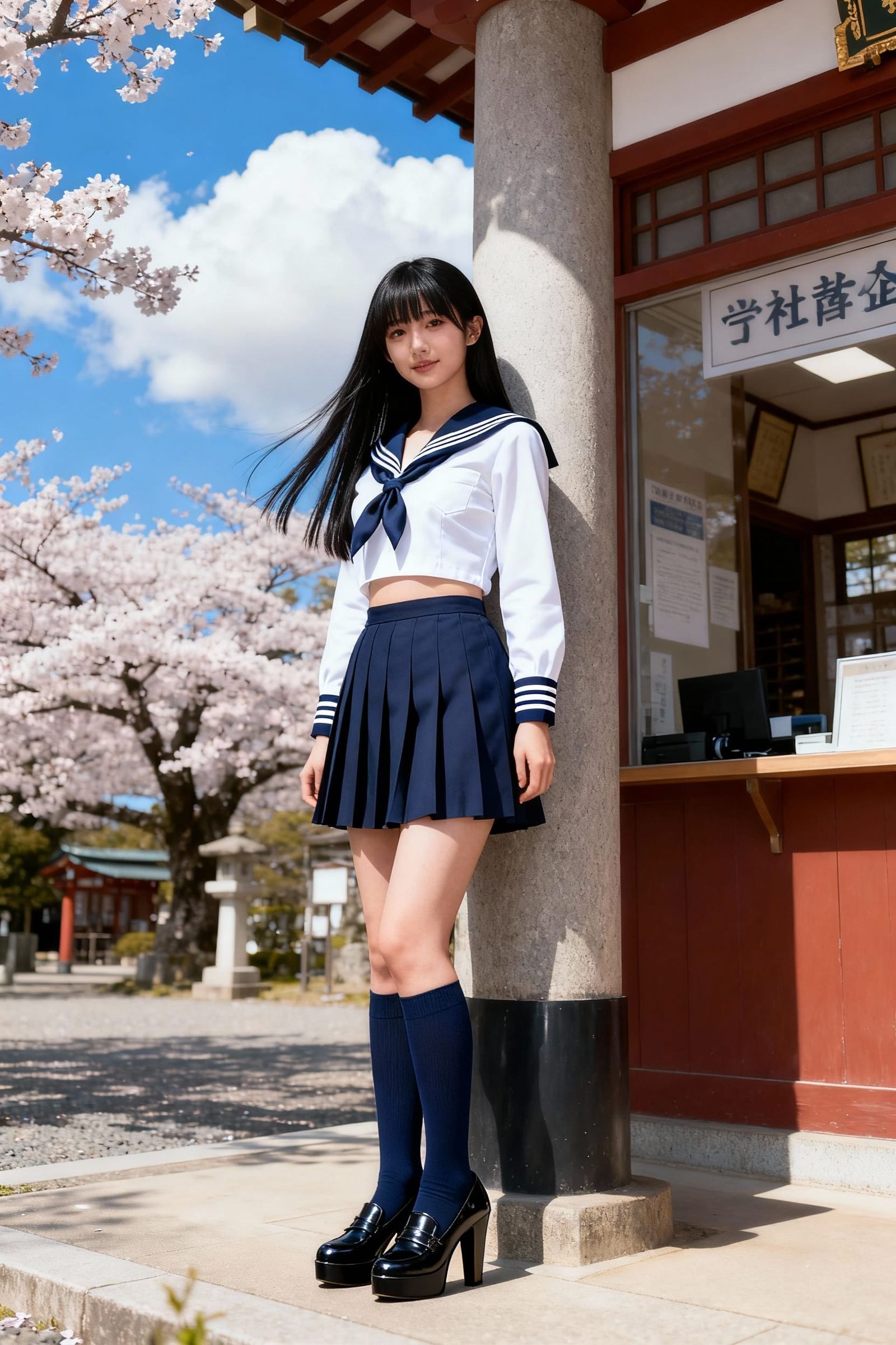 Kaori in Japanese Sailor Uniform at Shrine with Cherry Bloss...