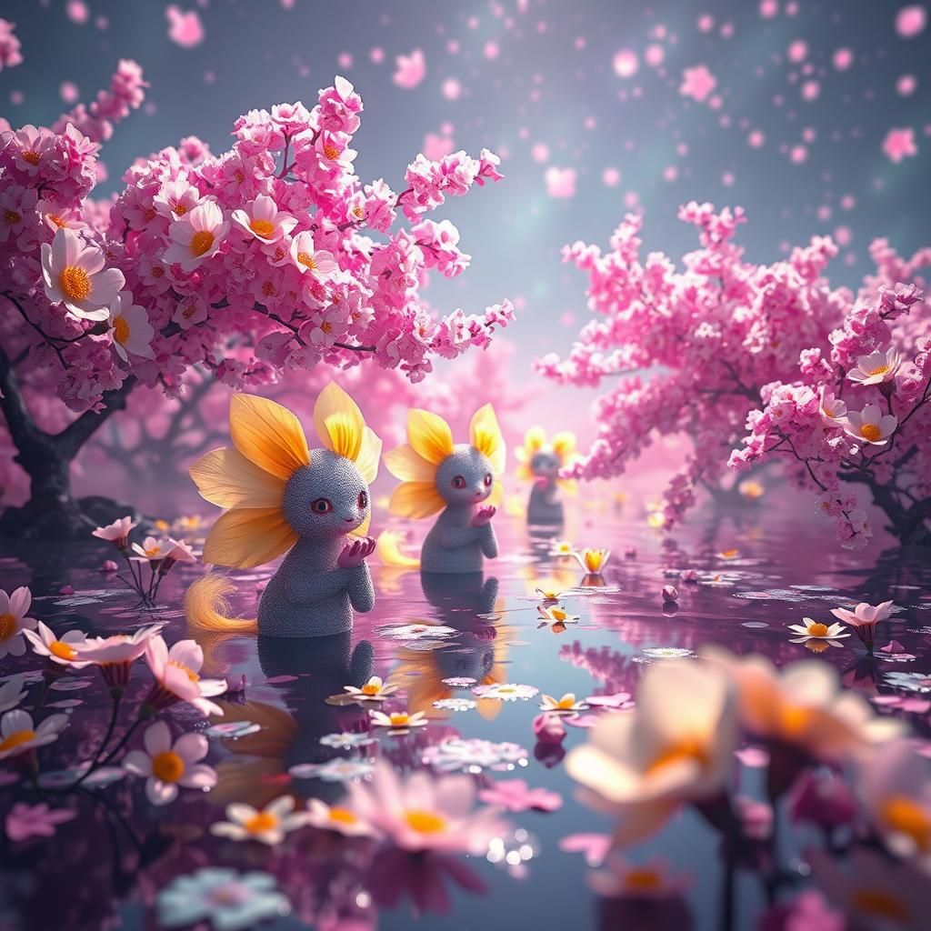 Psychedelic Cherry Blossom Lake with Fluffy Creatures