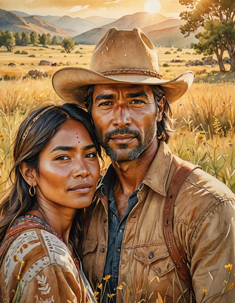 Loving Cowboy and Indigenous Man in Meadow