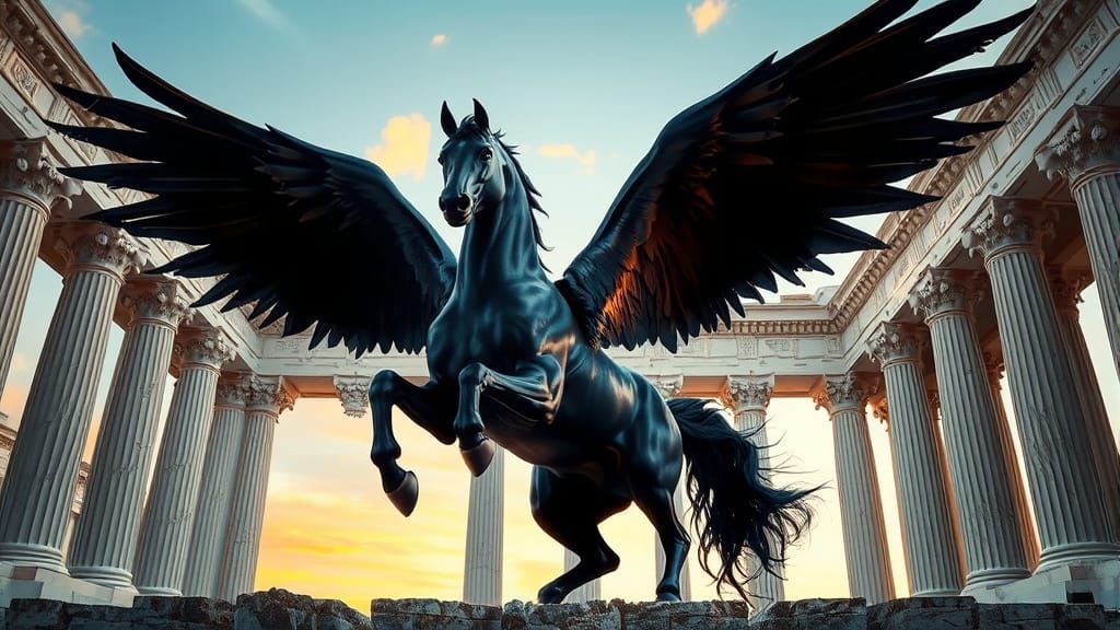 Majestic Black Pegasus Rising from Temple