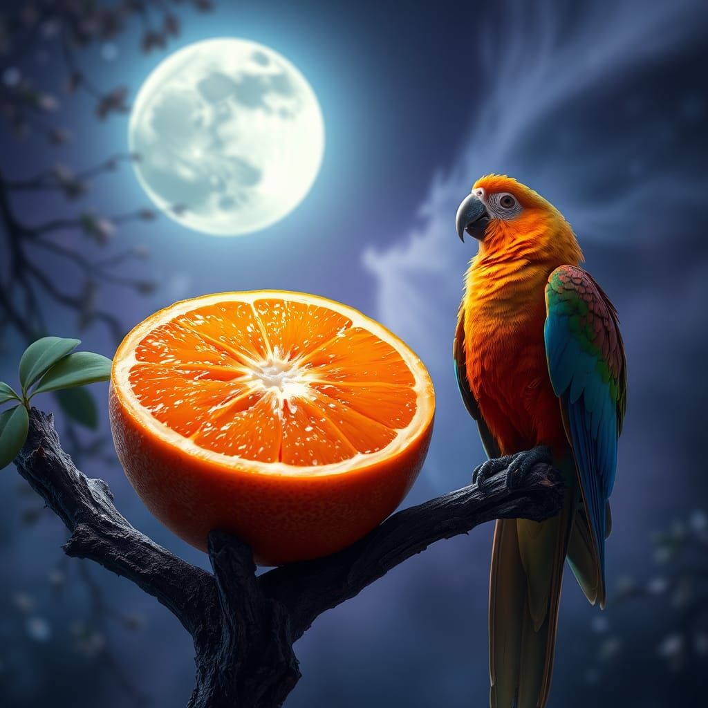 Orange, Parrot in Dreamlike Hyper-Realistic Style
