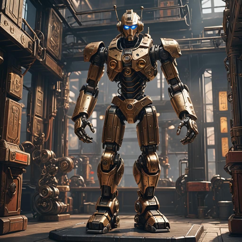 Steampunk Robot Boxer on Podium, Detailed 3D Render