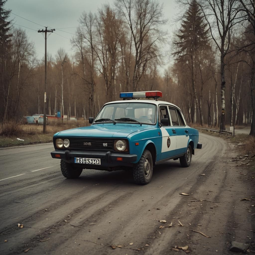 Dramatic Film Still of Russian Police Lada