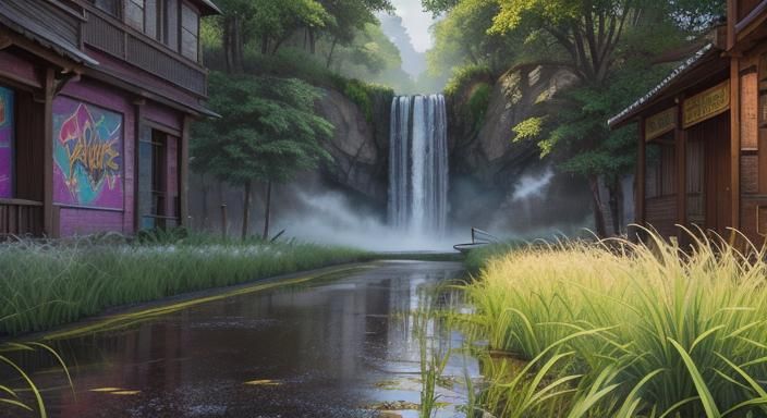 Surreal Crossroads: Rice Paddy Meets Urban Waterfall