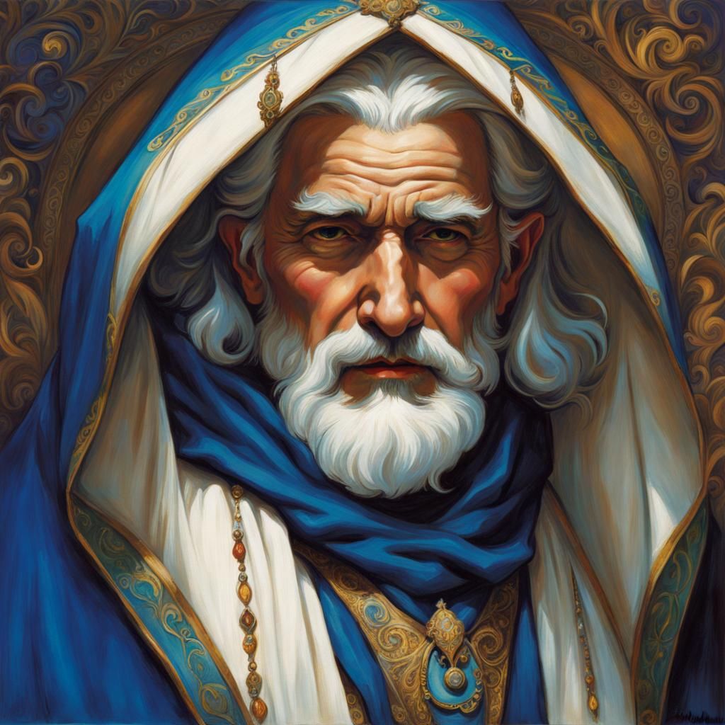 Fantasy Wizard with Mardi Gras Mask in Waterhouse Style