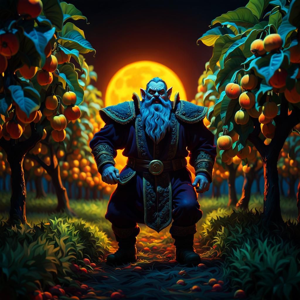 Demonic Dwarf in Orchard: A Surreal Oil Painting