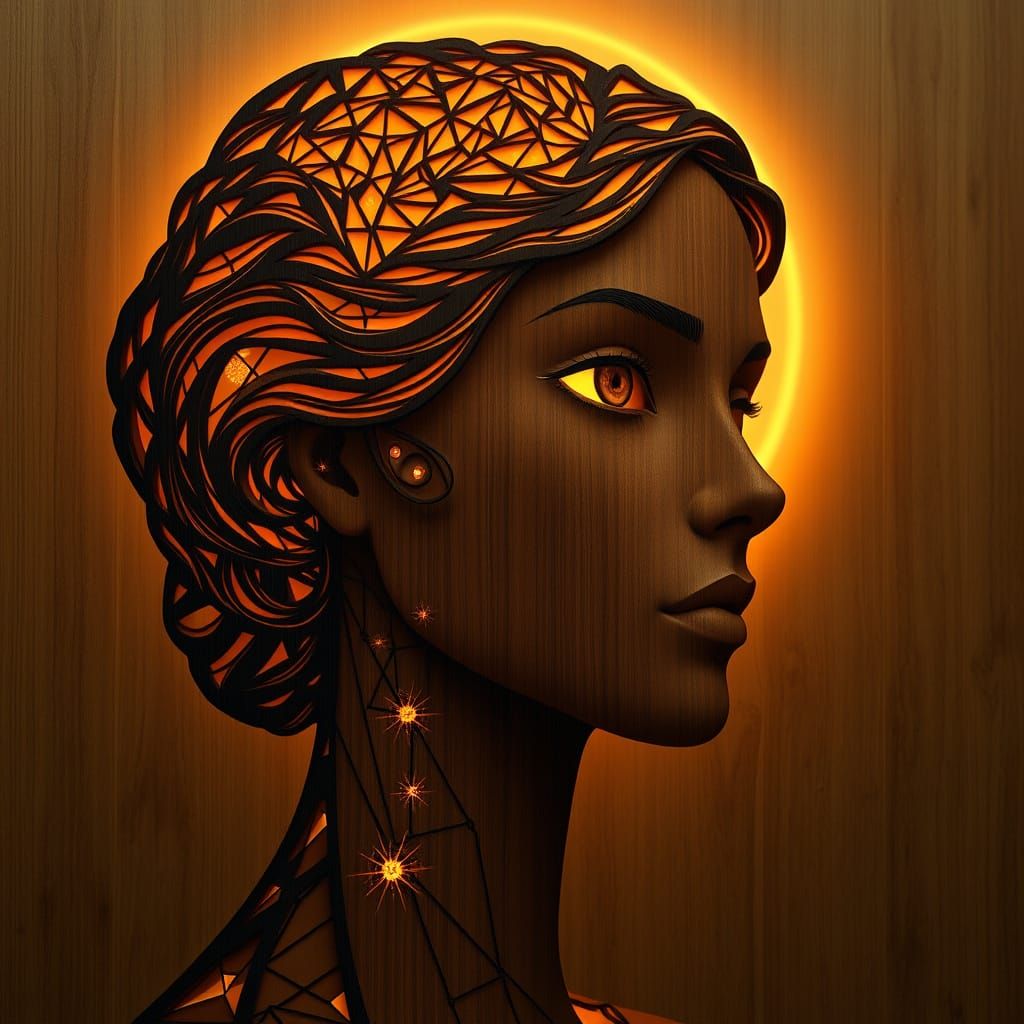 Contemplative Wooden Bust with Geometric Details