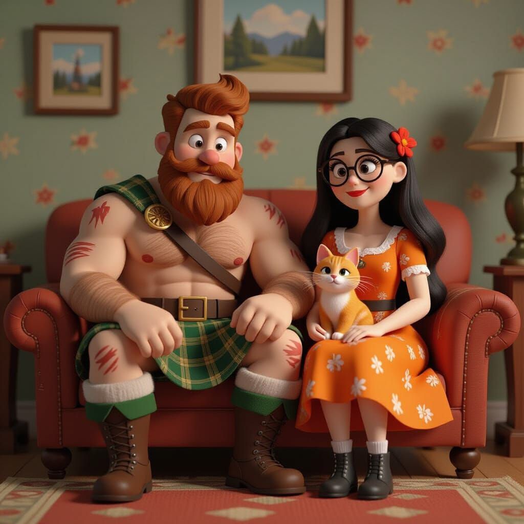 Pixar-style Scene: Man, Woman, and Cat