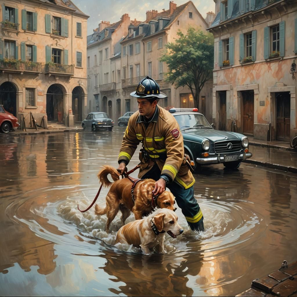 Fireman Rescues Dog: Rococo Oil Painting