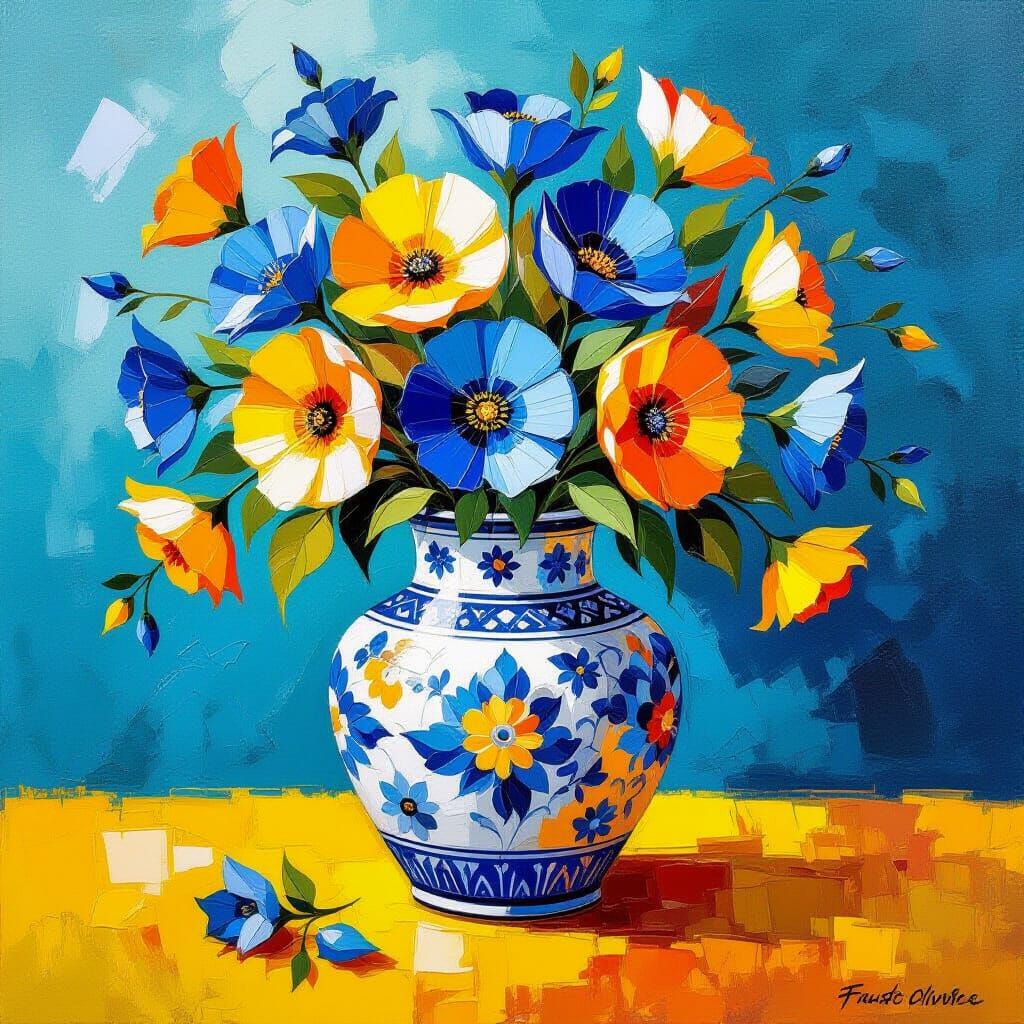 Oriental Vase with Flowers in Impasto Oil Style