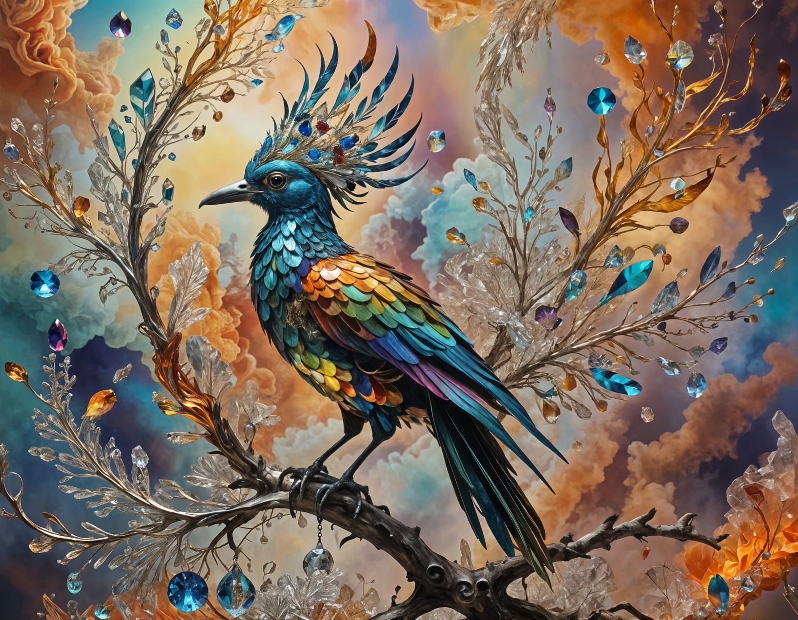 Mythical Bird with Iridescent Feathers in Surreal Landscape