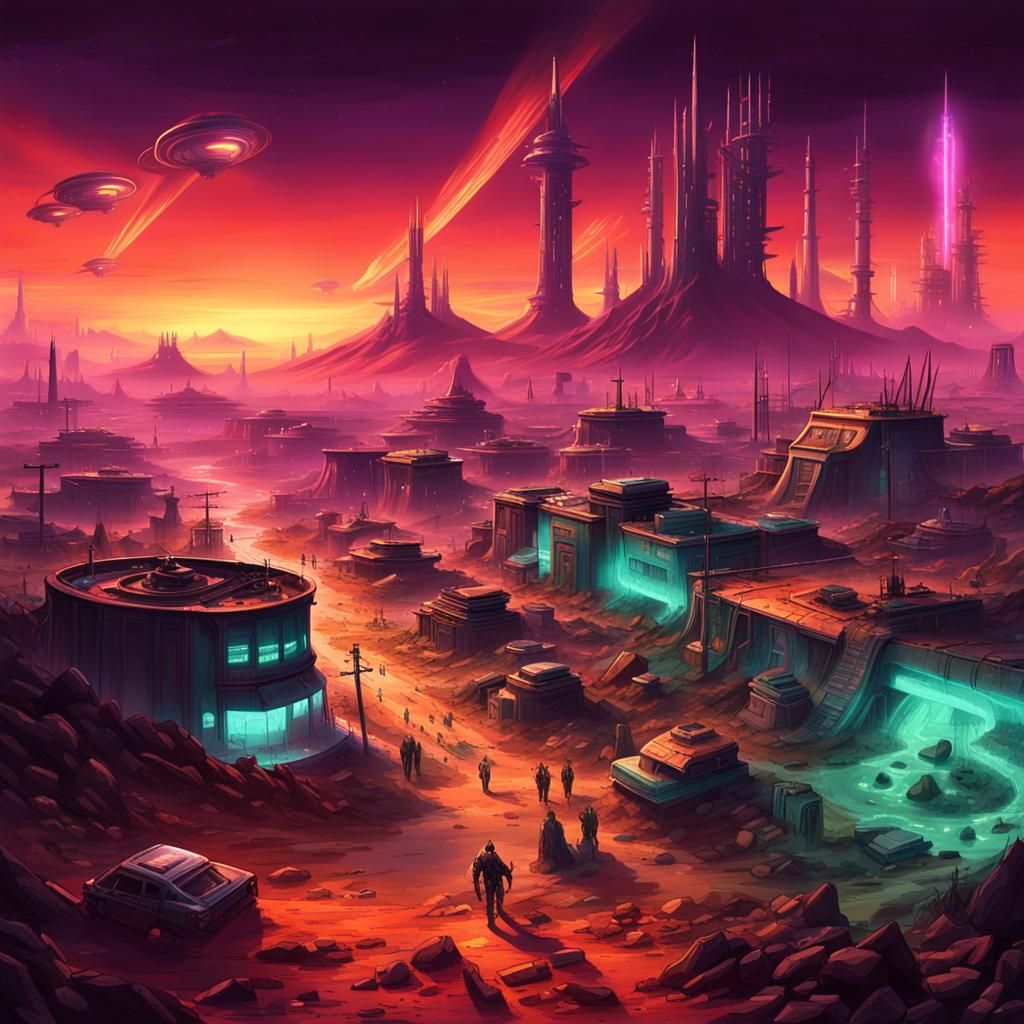 Mad Max Alien Wasteland Stronghold with Neon Lights