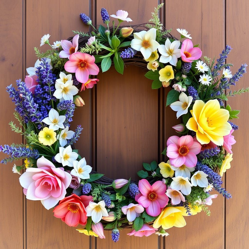 Lush Spring Wreath in Impressionist Style with Vibrant Bloom...