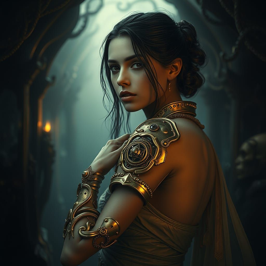 Woman with Golden Armlet in Biomechanical Art Style
