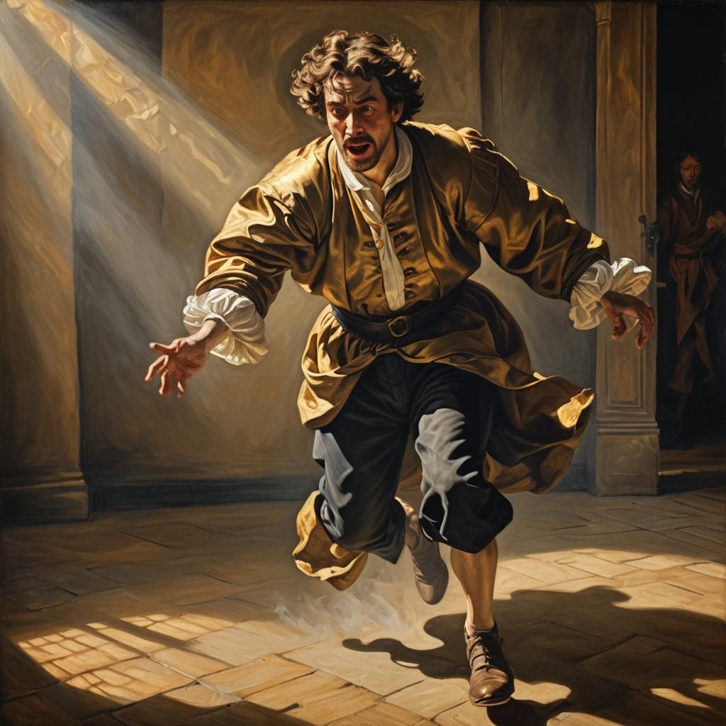Frightened Man Fleeing in Baroque Oil Painting