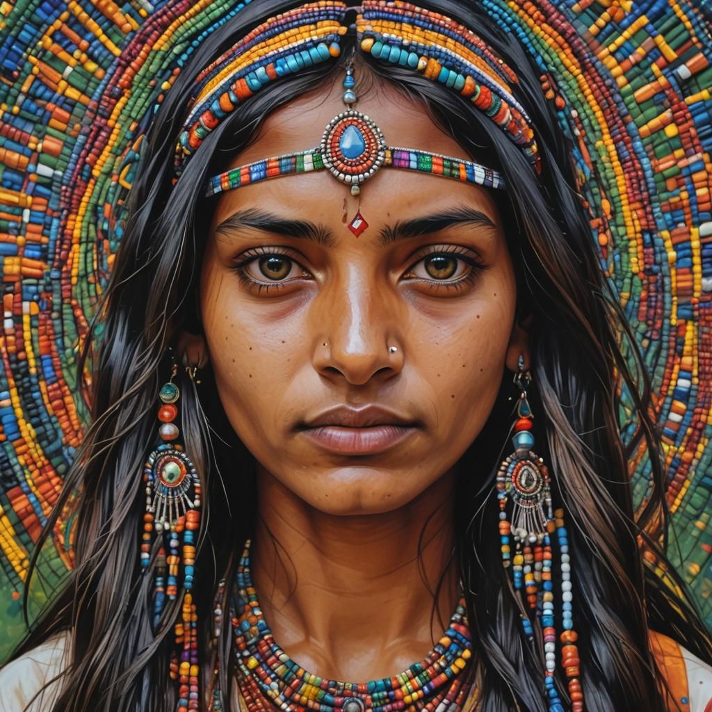 Indian Girl with Beaded Headband in Surreal Style