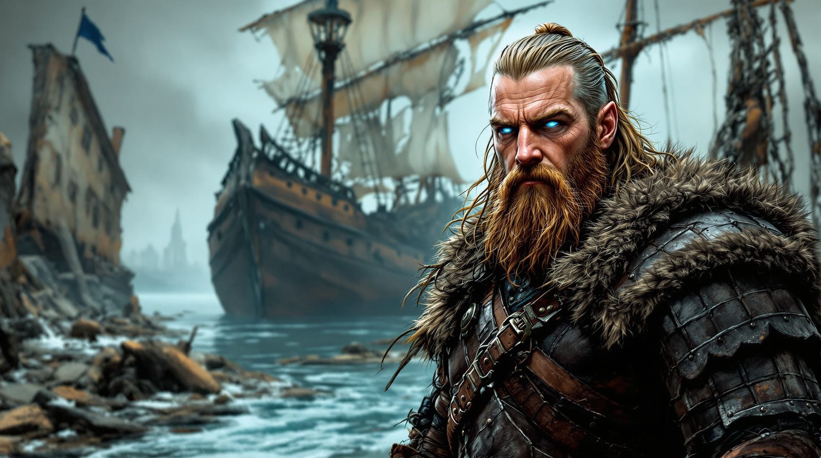 Viking Warrior Awaits Adventure on Tattered Ship