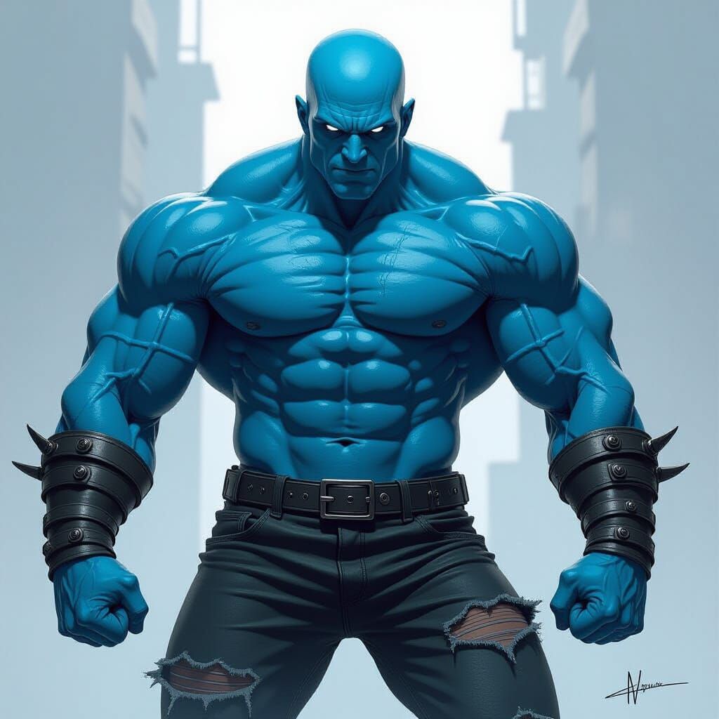 Muscular Blue Alien Villain in Comic Book Style