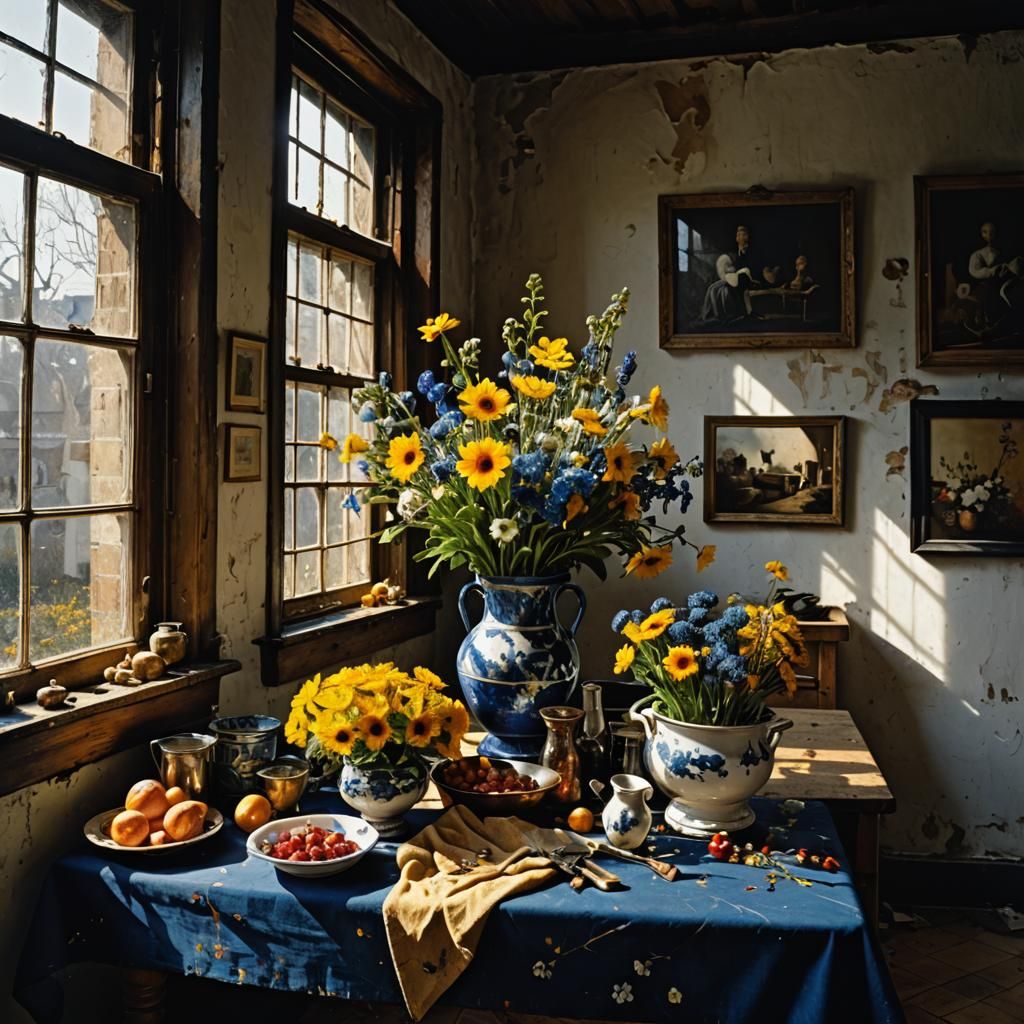 Dried Flowers on Butcher Table: Hyperrealist Painting