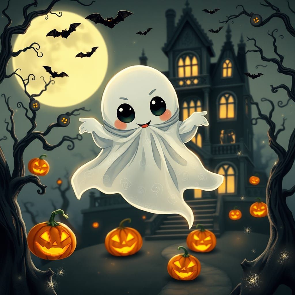 Adorable Chibi Ghost in Whimsical Halloween Dreamscape