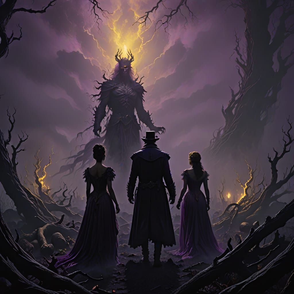 Dark Fantasy Concept Art of Sinister Figures in Mist