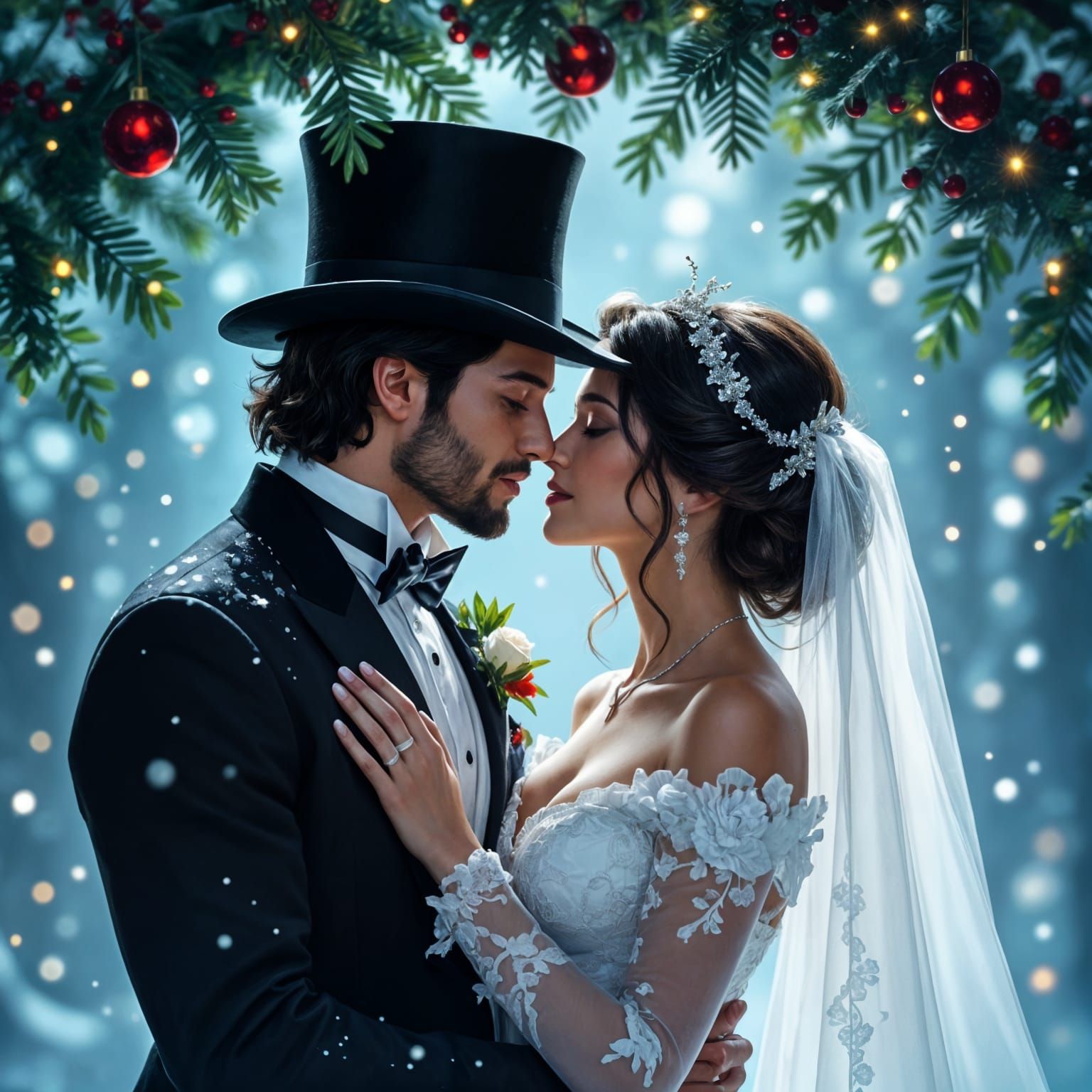 Dapper Ghost Couple Kissing Under Mistletoe
