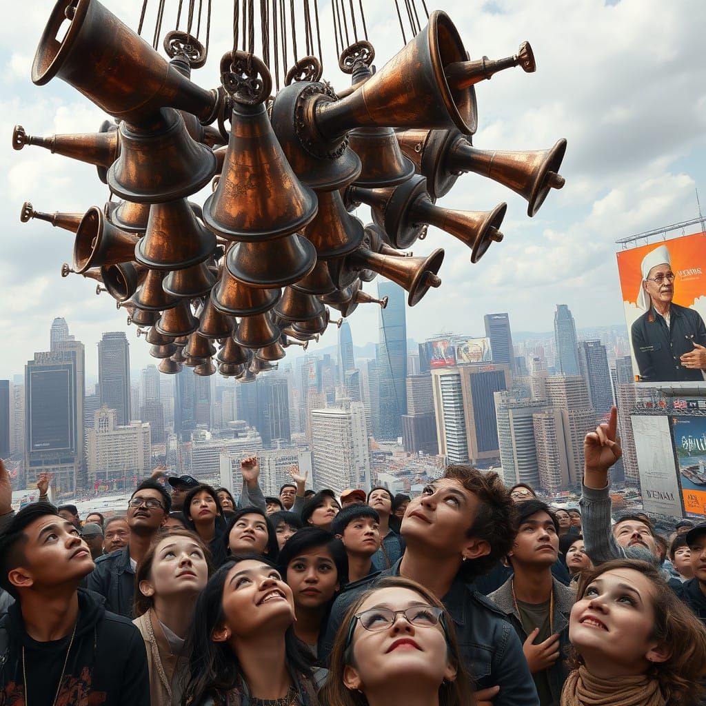 Ancient Copper Funnels Defy Gravity in Hyperreal Cityscape