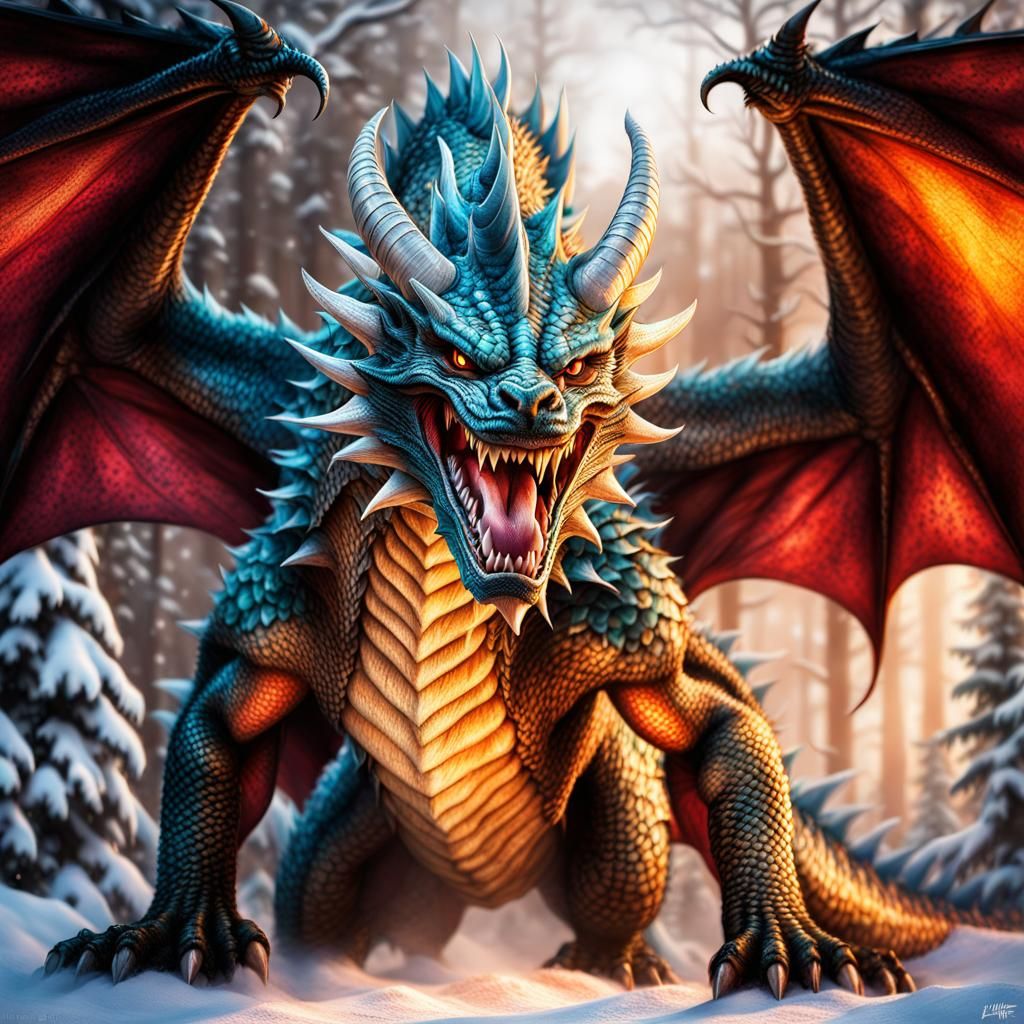 Fearsome Winter Dragon in Surrealist Style