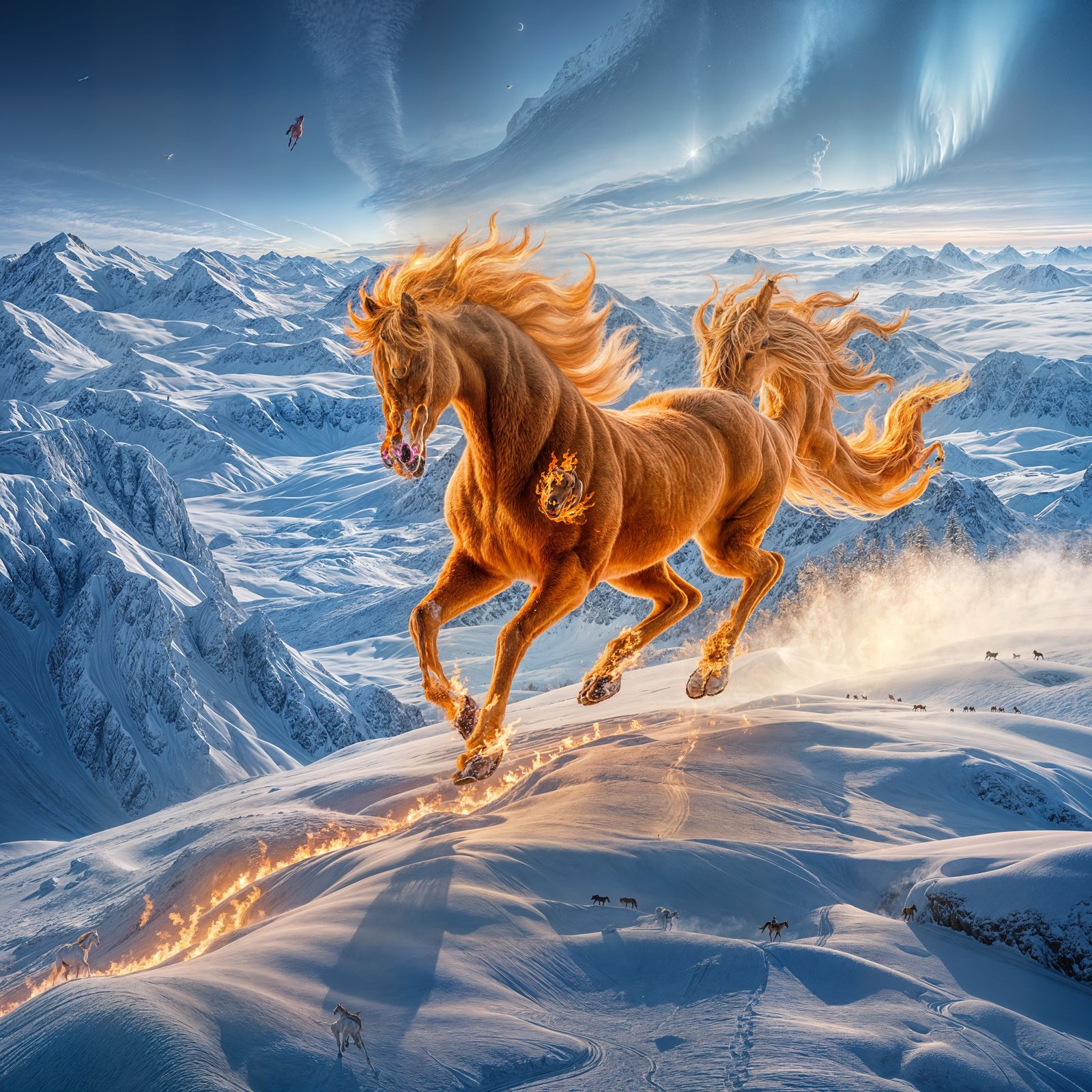 Fiery Horse Gallops Across Snowy Mountain Landscape